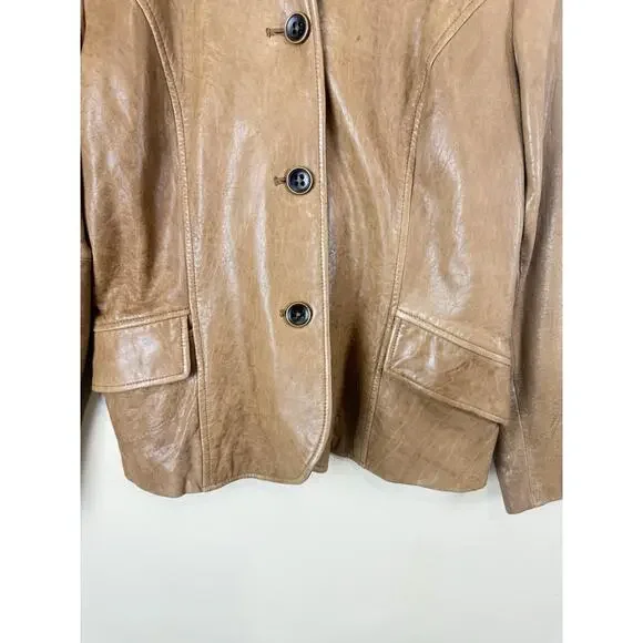 Leather Blazer Jacket with Mao Collar, Front Pockets – Brown Approx. Size M - Picture 3 of 15